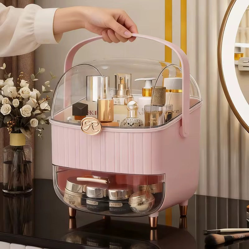 Luxury Dustproof Cosmetic Organizer with Drawer & Carry Handle