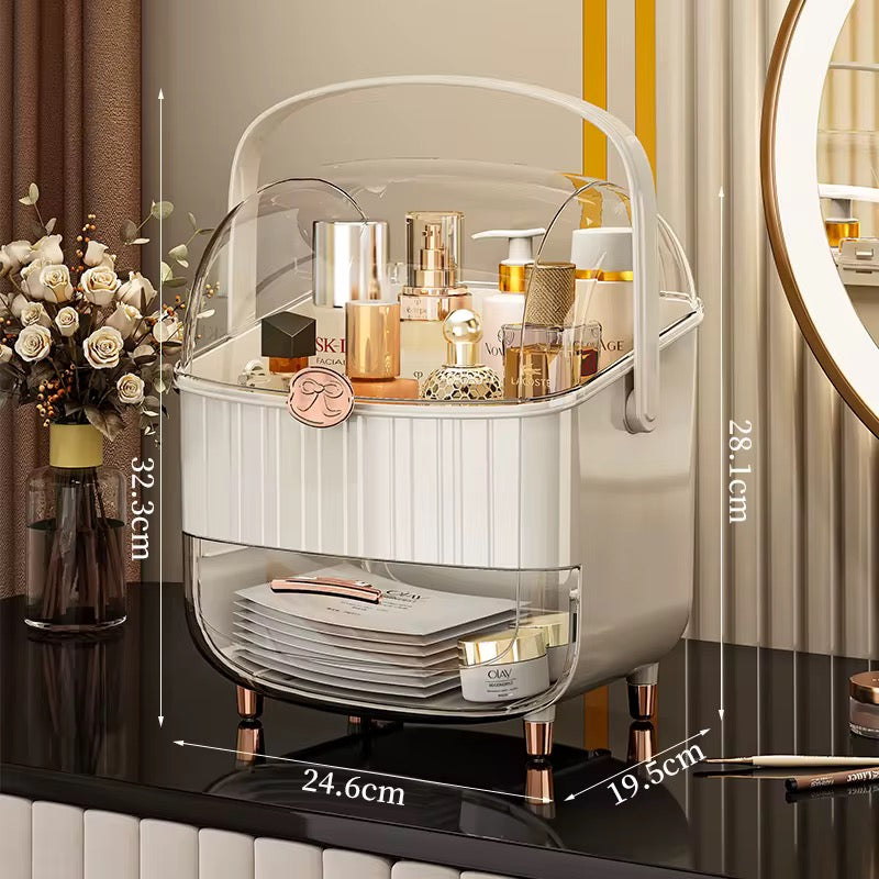 Luxury Dustproof Cosmetic Organizer with Drawer & Carry Handle
