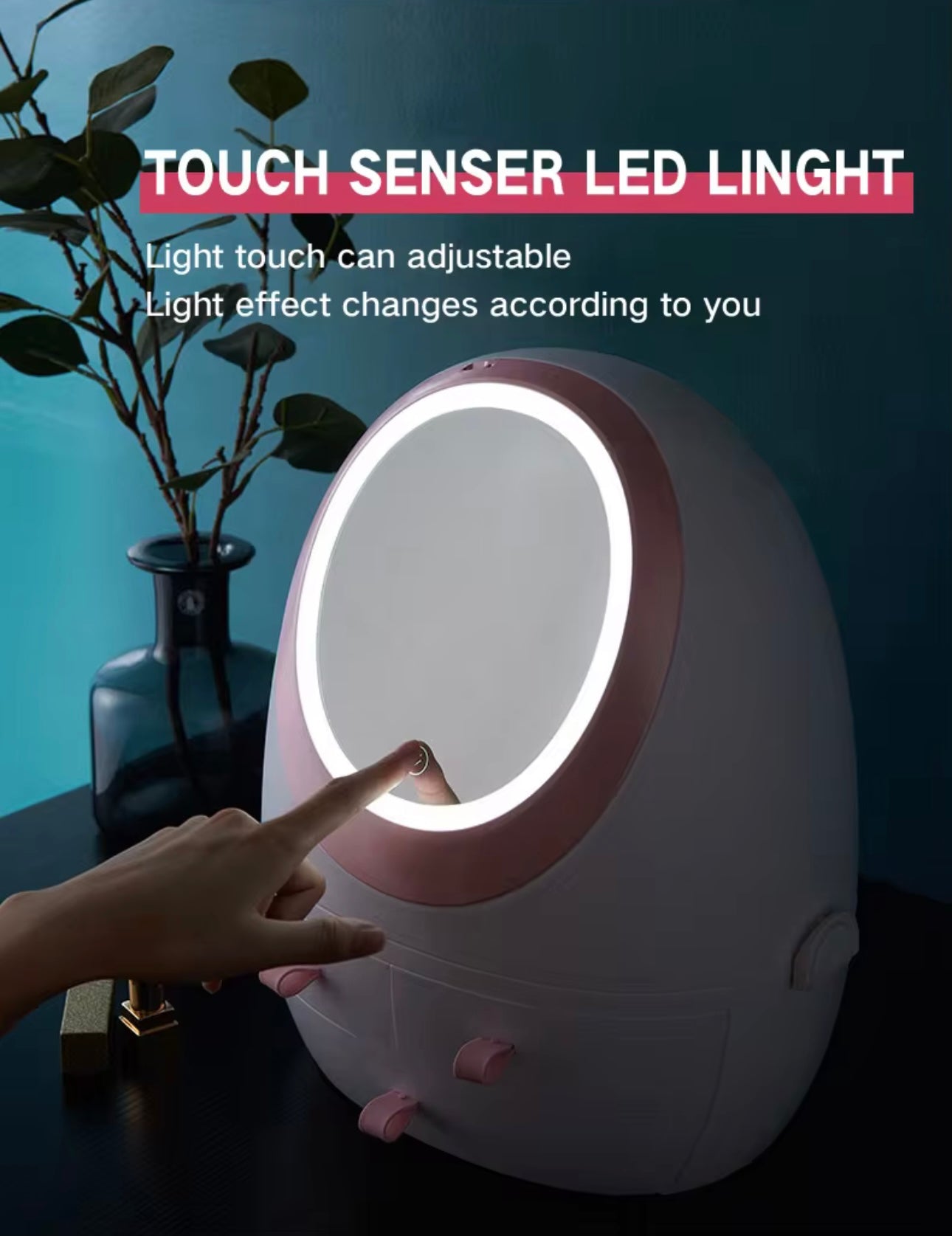 Egg Shape Large Storage Space for Makeup Tools Wth LED Smart Sensor ,Switch Mirror with LED Light for Beauty