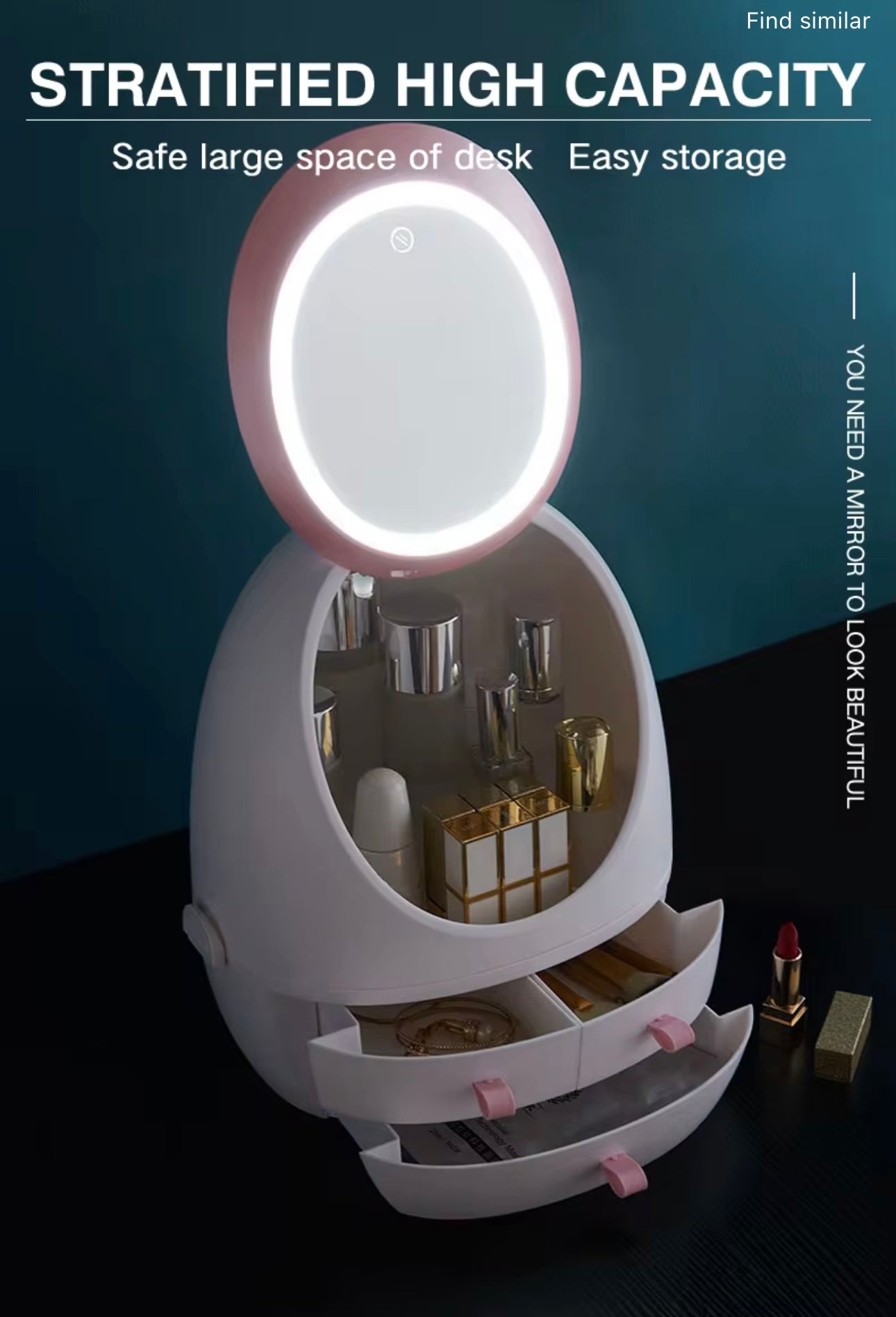 Egg Shape Large Storage Space for Makeup Tools Wth LED Smart Sensor ,Switch Mirror with LED Light for Beauty