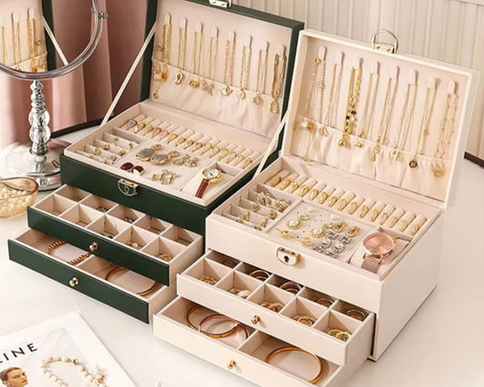 Three-Tier Jewelry Box with Drawer, Large Capacity for Storing and Displaying Earrings, Rings, Necklaces, Beaded Accessories