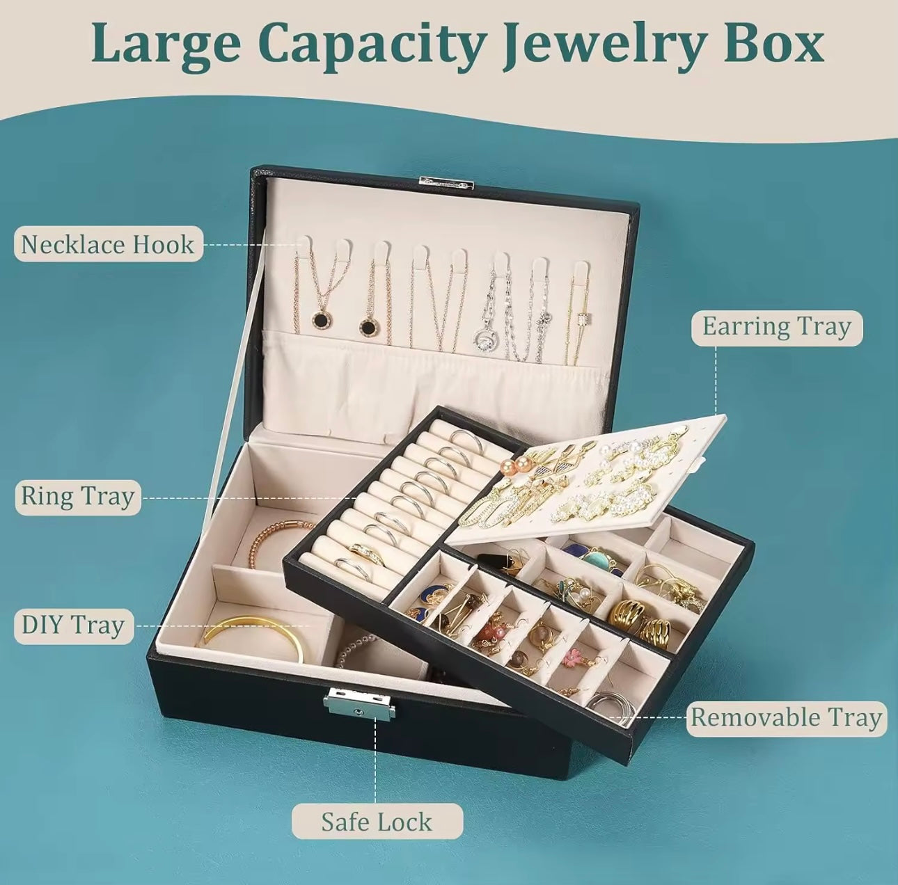 Elegant Vintage Leather Jewelry Box with Key Lock - Double Layer Multi-Purpose Storage for Earrings, Bracelets, Rings, Necklaces