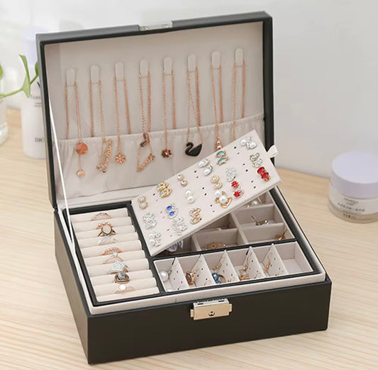 Elegant Vintage Leather Jewelry Box with Key Lock - Double Layer Multi-Purpose Storage for Earrings, Bracelets, Rings, Necklaces