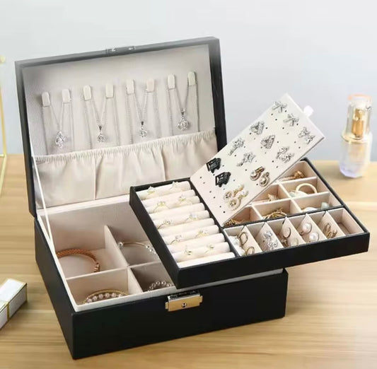 Elegant Vintage Leather Jewelry Box with Key Lock - Double Layer Multi-Purpose Storage for Earrings, Bracelets, Rings, Necklaces