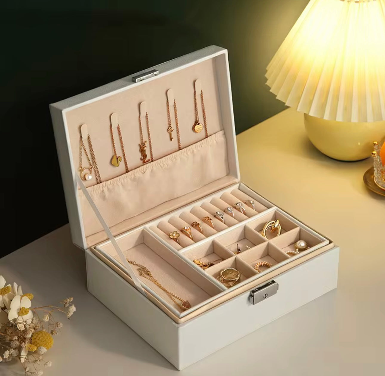 Elegant Vintage Leather Jewelry Box with Key Lock - Double Layer Multi-Purpose Storage for Earrings, Bracelets, Rings, Necklaces