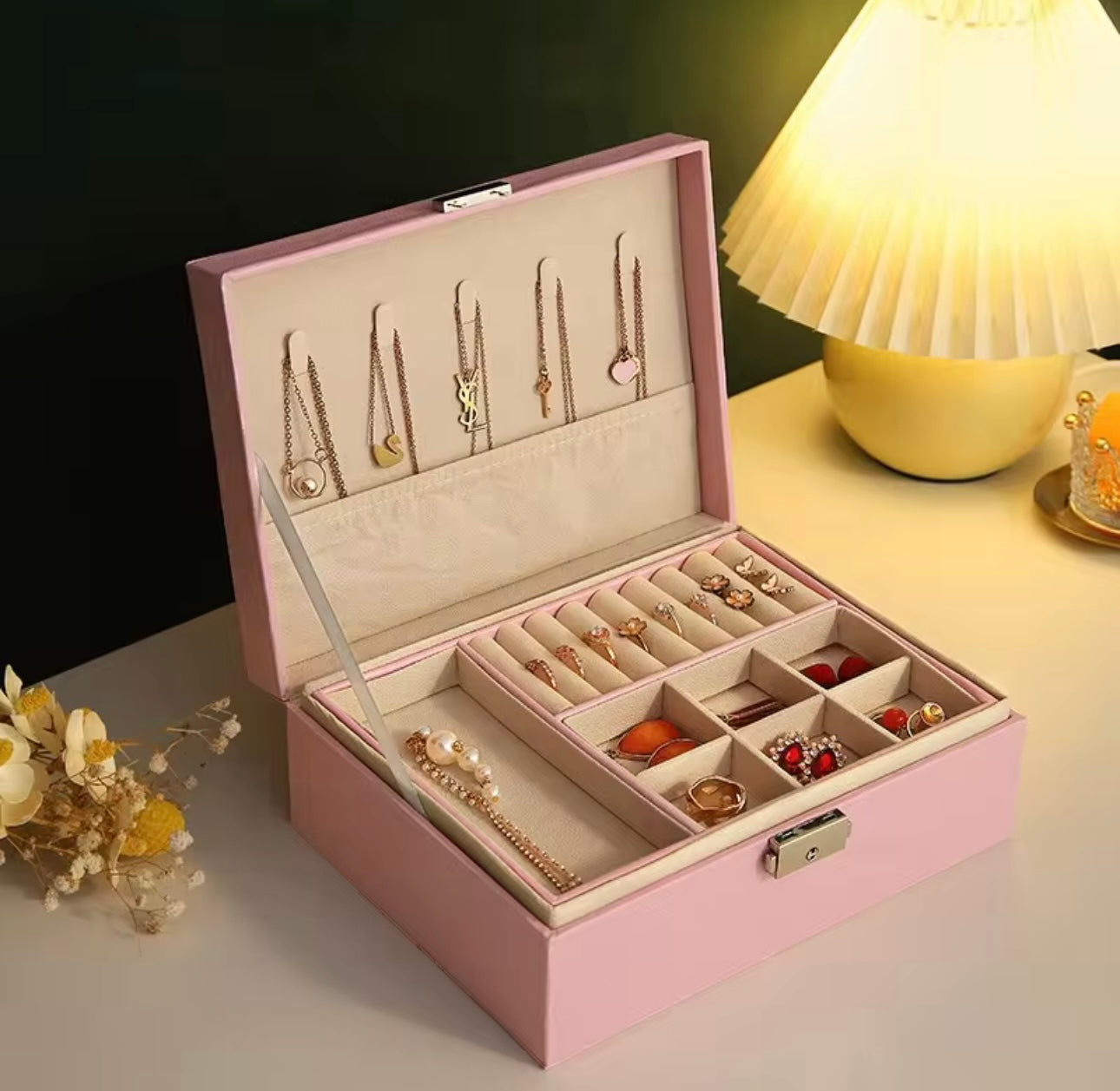 Elegant Vintage Leather Jewelry Box with Key Lock - Double Layer Multi-Purpose Storage for Earrings, Bracelets, Rings, Necklaces