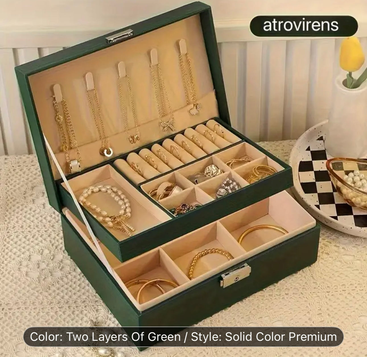 Elegant Vintage Leather Jewelry Box with Key Lock - Double Layer Multi-Purpose Storage for Earrings, Bracelets, Rings, Necklaces