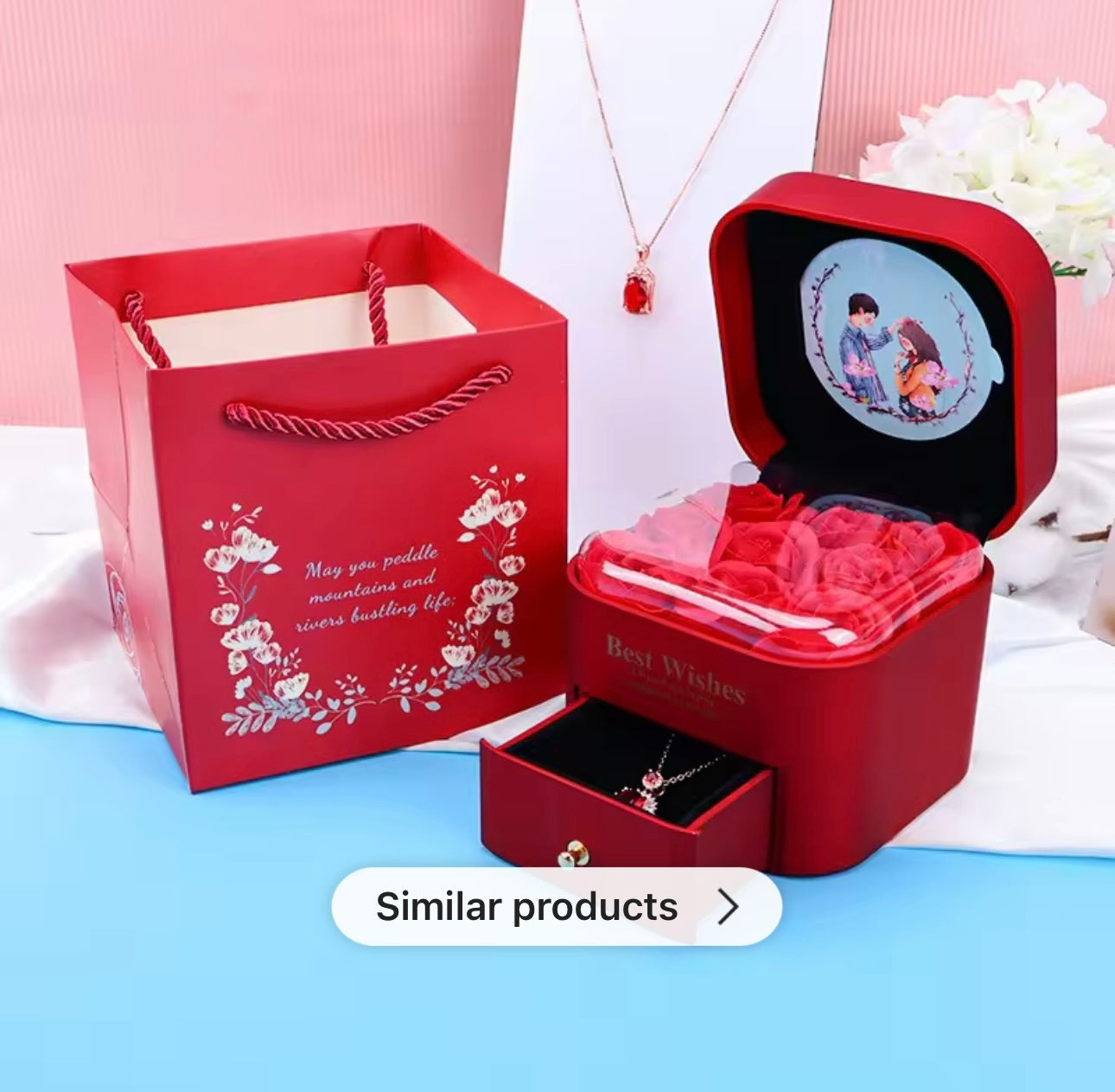 Rose Flower Round Square Gift Box, Artificial Rose Flower Jewelry Gift Box with Drawer, New Year Gift/Valentine'S Day Gift/Anniversary/Mother'S Day/Birthday Gift