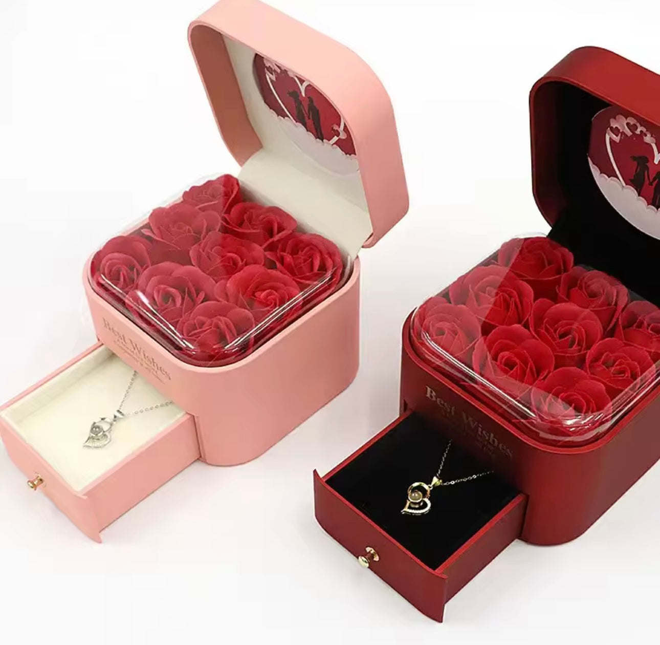 Rose Flower Round Square Gift Box, Artificial Rose Flower Jewelry Gift Box with Drawer, New Year Gift/Valentine'S Day Gift/Anniversary/Mother'S Day/Birthday Gift