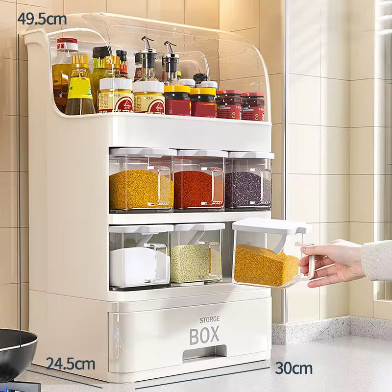 Large Capacity Multi-Layer Kitchen Storage Organizer with Spice Dispenser Drawers & Dustproof Lid