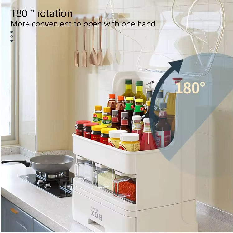 Large Capacity Multi-Layer Kitchen Storage Organizer with Spice Dispenser Drawers & Dustproof Lid