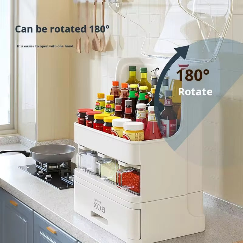 Large Capacity Multi-Layer Kitchen Storage Organizer with Spice Dispenser Drawers & Dustproof Lid