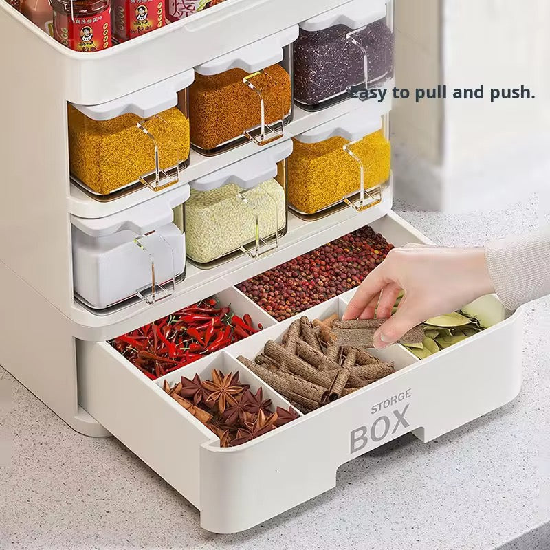 Large Capacity Multi-Layer Kitchen Storage Organizer with Spice Dispenser Drawers & Dustproof Lid