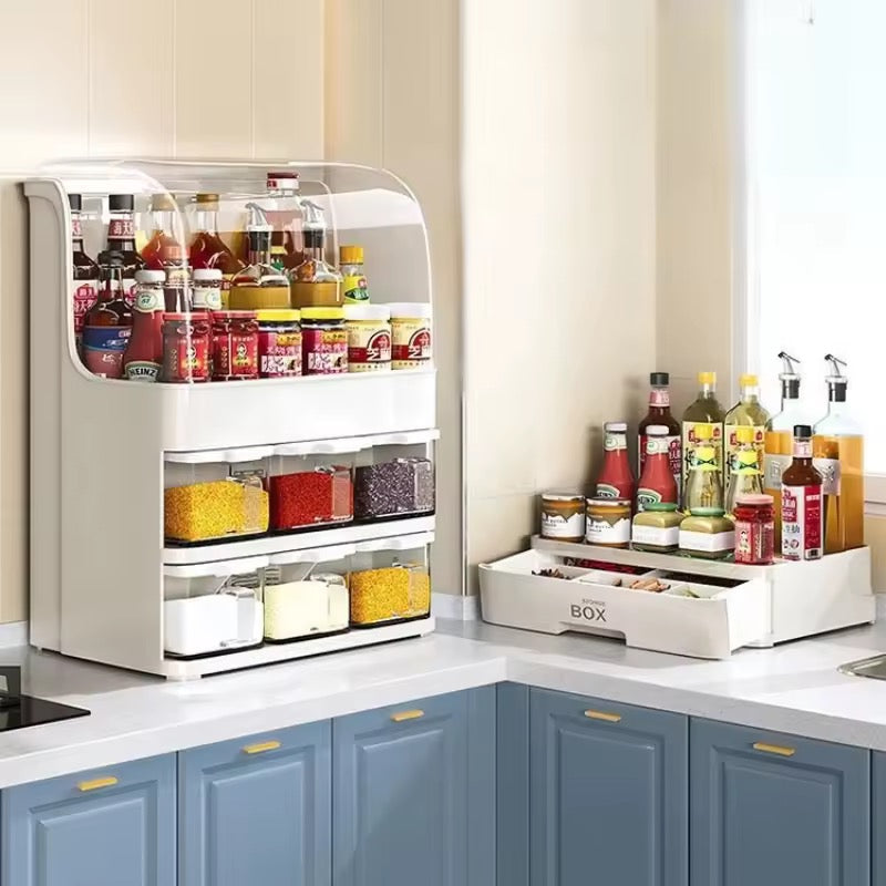 Large Capacity Multi-Layer Kitchen Storage Organizer with Spice Dispenser Drawers & Dustproof Lid