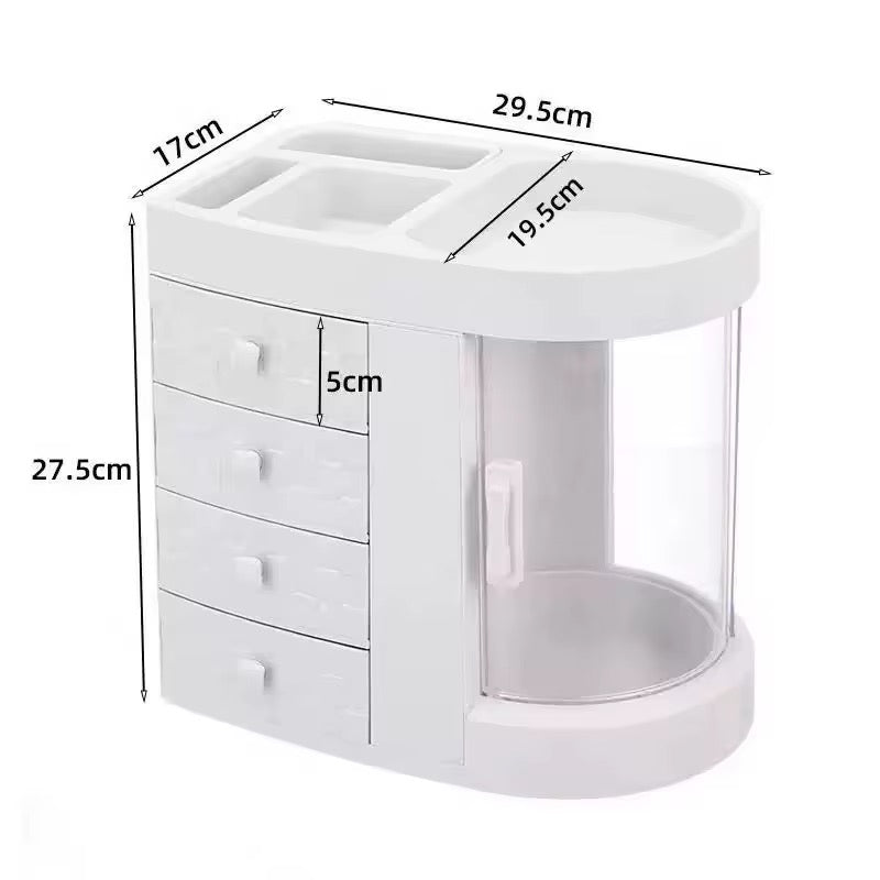 360° Rotating Makeup & Skincare Organizer with 4 Drawers | Dustproof Cosmetic Storage Box