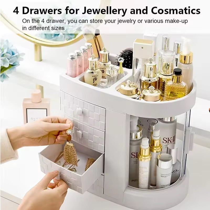 360° Rotating Makeup & Skincare Organizer with 4 Drawers | Dustproof Cosmetic Storage Box