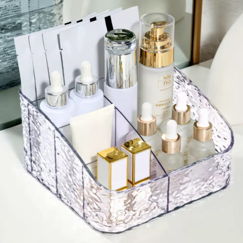 Luxury Clear Acrylic Makeup Organizer Tray | Multi-Compartment Cosmetic & Skincare Storage