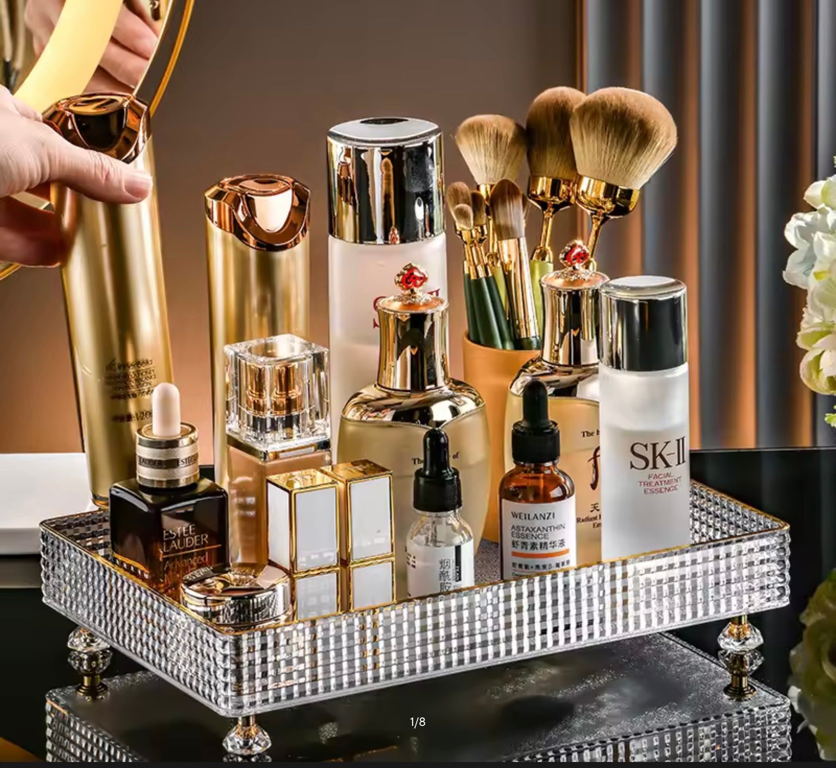 Luxury Crystal Makeup & Perfume Display Tray | Decorative Vanity Organizer with Metal Legs