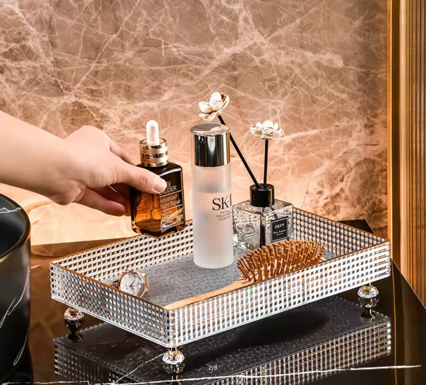 Luxury Crystal Makeup & Perfume Display Tray | Decorative Vanity Organizer with Metal Legs