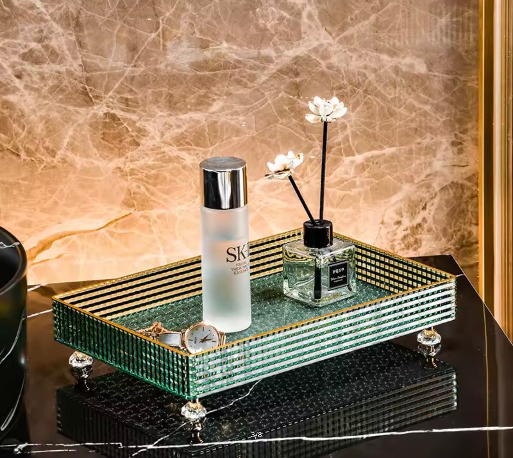 Luxury Crystal Makeup & Perfume Display Tray | Decorative Vanity Organizer with Metal Legs