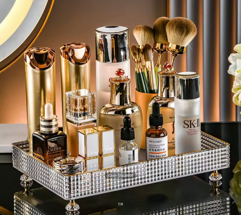 Luxury Crystal Makeup & Perfume Display Tray | Decorative Vanity Organizer with Metal Legs